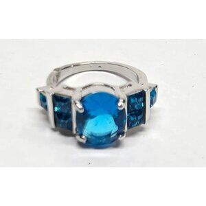 New Blue Gemstones SilverTone Ring Plus Size 9 Oval Square Cut 7 Stones BLEM